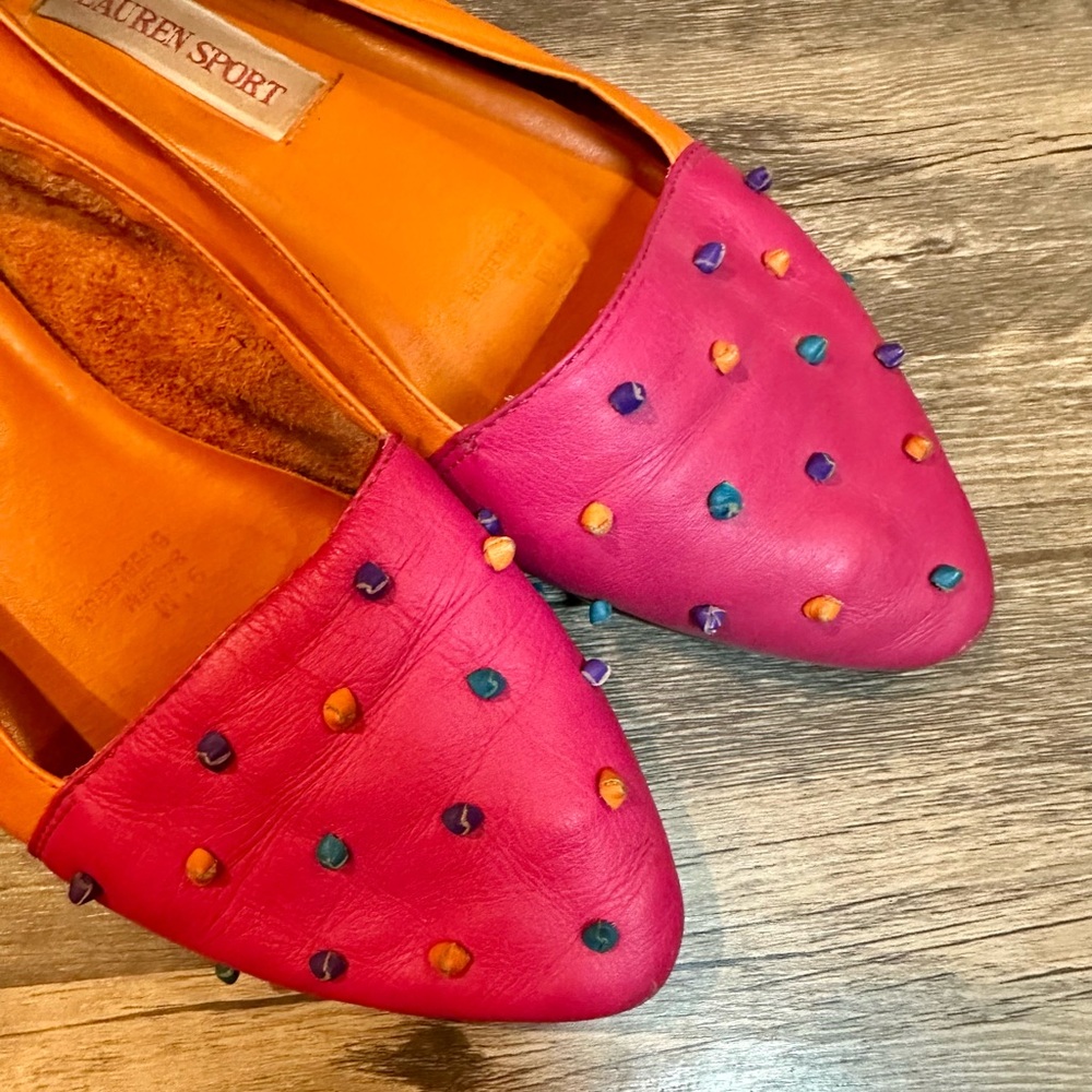 Lauren Sport Ralph Lauren Bubblegum Pink Studded Leather Flats Sz 9 Colorblock - Picture 8 of 8